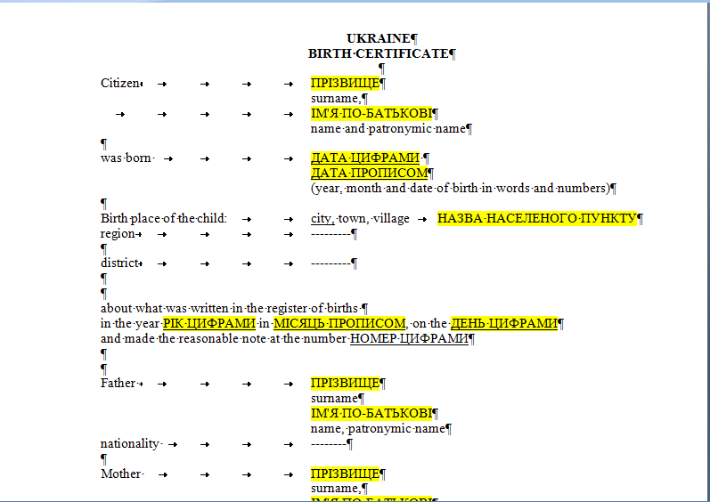 Шаблон перекладу свідоцтва про народження на англійську
