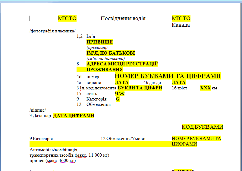 Шаблон перекладу посвідчення водія з англійської мови на українську мову