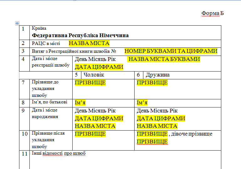 Шаблон перекладу свідоцтва про шлюб з німецької мови на українську мову