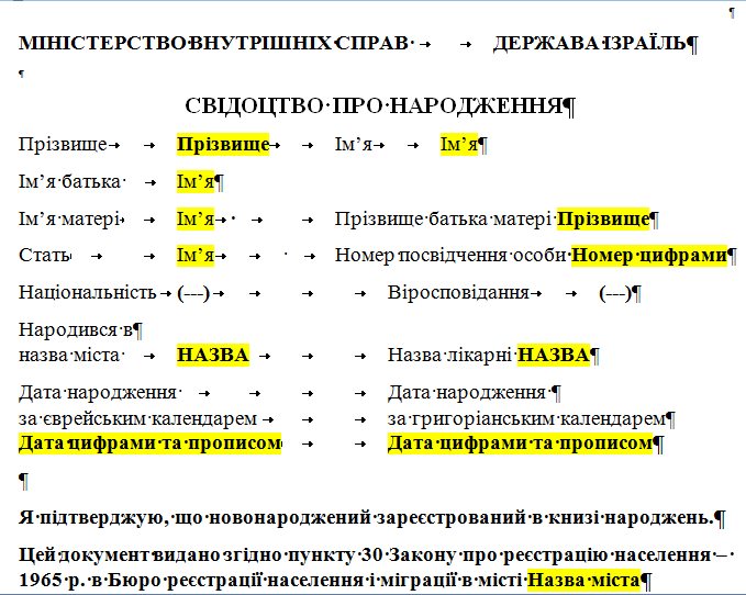 Шаблон перекладу свідоцтва про народження з івриту на українську мову